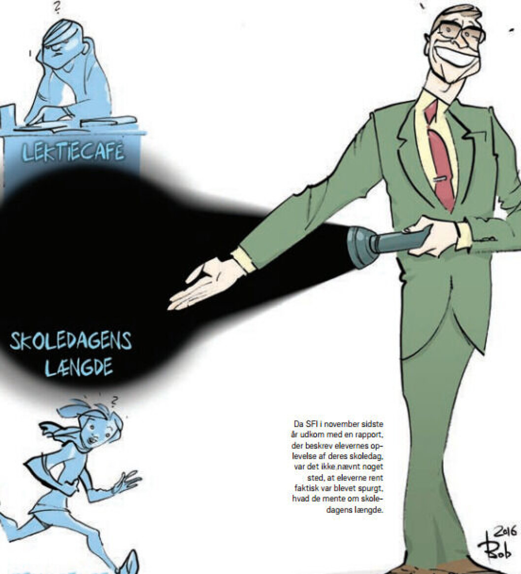 Da SFI i november sidste år udkom med en rapport, der beskrev elevernes oplevelse af deres skoledag, var det ikke nævnt noget sted, at eleverne rent faktisk var blevet spurgt, hvad de mente om skoledagens længde. Da SFI i november sidste år udkom med en rapport, der beskrev elevernes oplevelse af deres skoledag, var det ikke nævnt noget sted, at eleverne rent faktisk var blevet spurgt, hvad de mente om skoledagens længde.