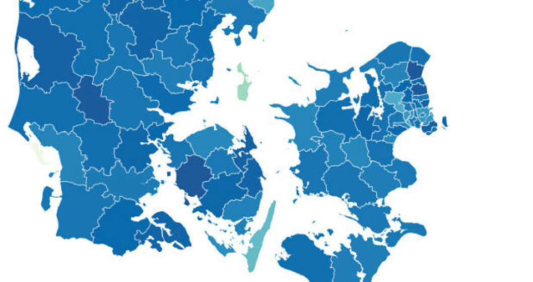 Fanø er som eneste nej-kommune næsten hvid på kortet over ja-stemmer. Gå på opdagelse i stemmefordelingen nedenfor.