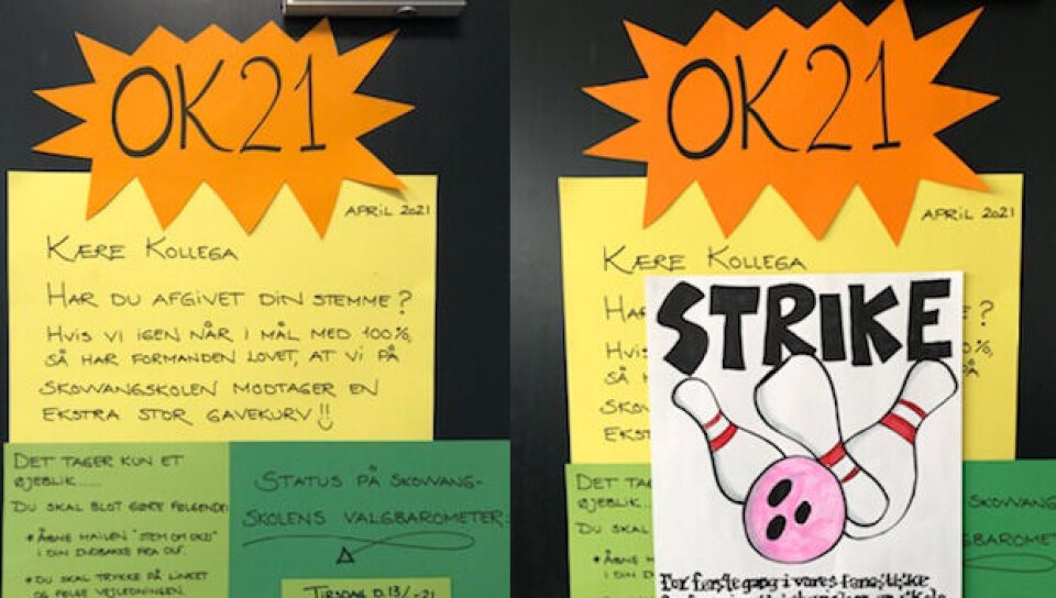 Tillidsrepræsentant Kate Lyhne sætter plakater op, så lærerne løbende kan følge med i stemmeafgivningen på skolen. Da skolen for tredje gang nåede en stemmeprocent på 100, lavede en kollega en tegning og satte over plakaten.