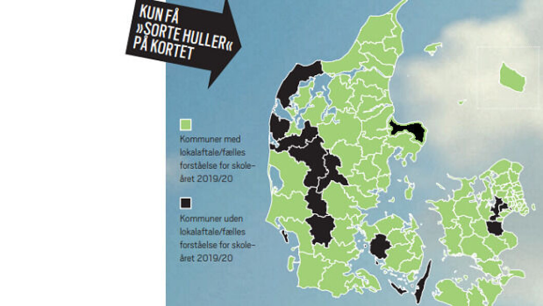 Antallet af lokale arbejdstidsaftaler/fælles forståelser er opgjort pr. 10. maj 2019 - kortet er rettet den 27/5 2019. Ved en fejl var Norddjurs Kommune grøn. Her har været en flekstidsaftale, men det er der ikke længere. Antallet af lokale arbejdstidsaftaler/fælles forståelser er opgjort pr. 10. maj 2019 - kortet er rettet den 27/5 2019. Ved en fejl var Norddjurs Kommune grøn. Her har været en flekstidsaftale, men det er der ikke længere.