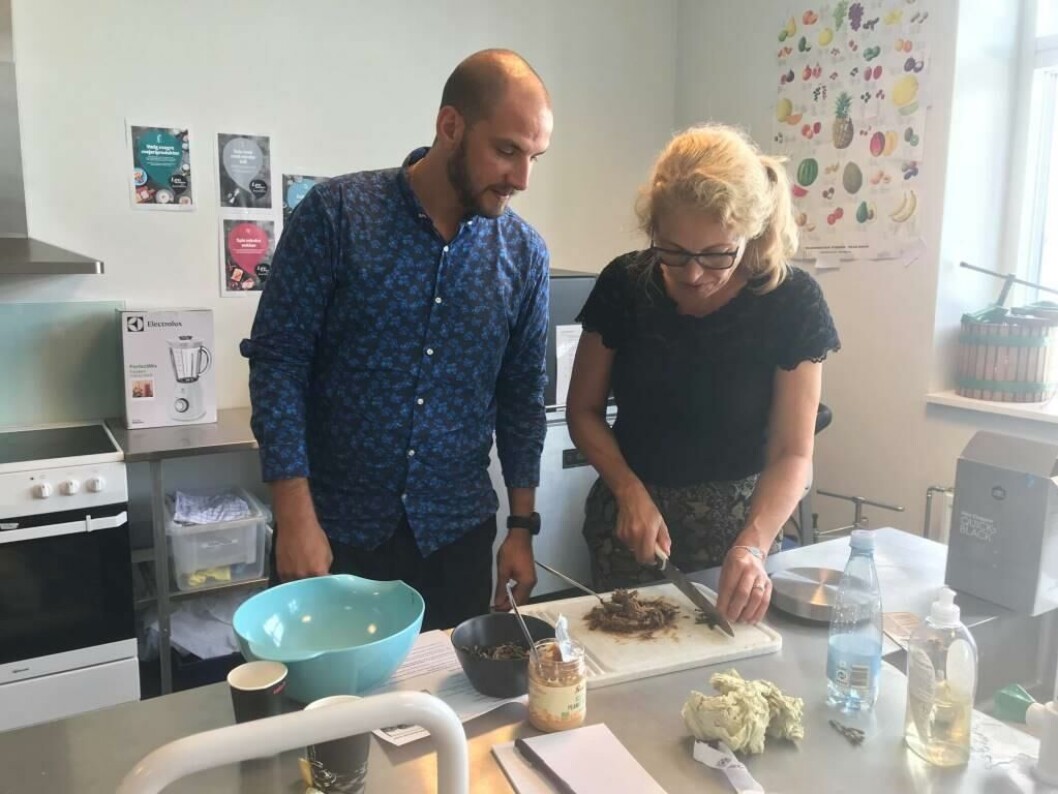 Lærer og naturfagsvejleder Birgitte Søe fra Stensballeskolen former daddelkugler med buffalolarver på kurset Lærer og naturfagsvejleder Birgitte Søe fra Stensballeskolen former daddelkugler med buffalolarver på kurset