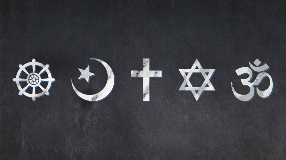 John Rydahl Blackboard with the symbols of the five most important religions (Buddhism, Islam, Christianity, Judaism, and Hinduism) drawn in the middle.