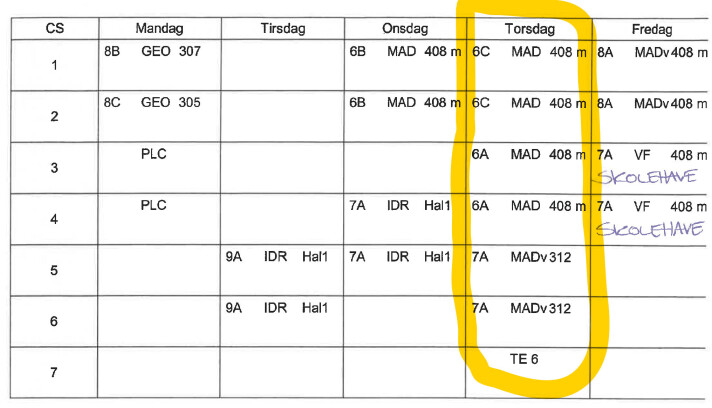 Første udkast til mit skema. Det er vist nok det man kalder for en røvsparker-torsdag! Mon der kommer til at være et par lærermøder, hvor Hr. Schwann kommer til at glippe en smule med øjnene. Note: på min arbejdsplads underviser vi i hele timer. Første udkast til mit skema. Det er vist nok det man kalder for en røvsparker-torsdag! Mon der kommer til at være et par lærermøder, hvor Hr. Schwann kommer til at glippe en smule med øjnene. Note: på min arbejdsplads underviser vi i hele timer.