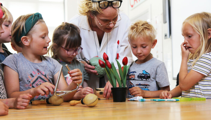Professor Skolesmart bruger rekvisitter for at hjælpe førskoleleverne på Havrehedskolen med at huske de syv trædesten, der hver især også har deres eget håndtegn. Professor Skolesmart bruger rekvisitter for at hjælpe førskoleleverne på Havrehedskolen med at huske de syv trædesten, der hver især også har deres eget håndtegn.
