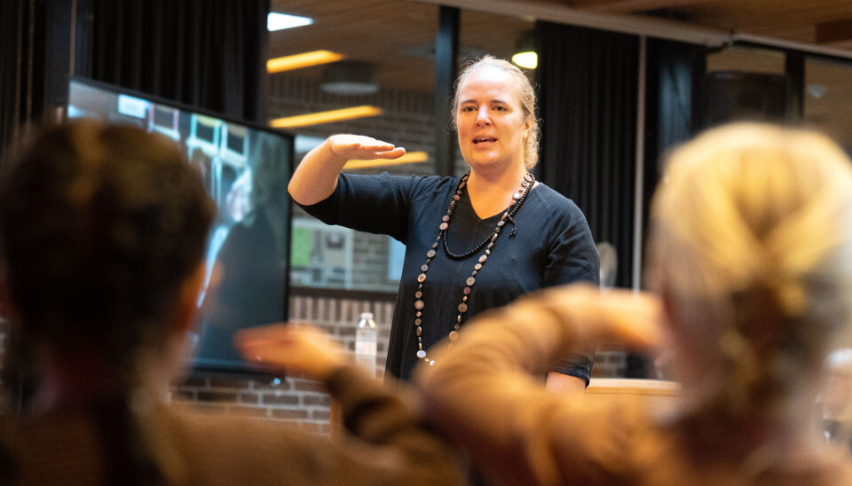 Det bliver også tid til teori. Signe Sørensen viser tegnet for tonen re. Inden de går ud af tredje klasse har de lært hele skalaen, fortæller hun eleverne.