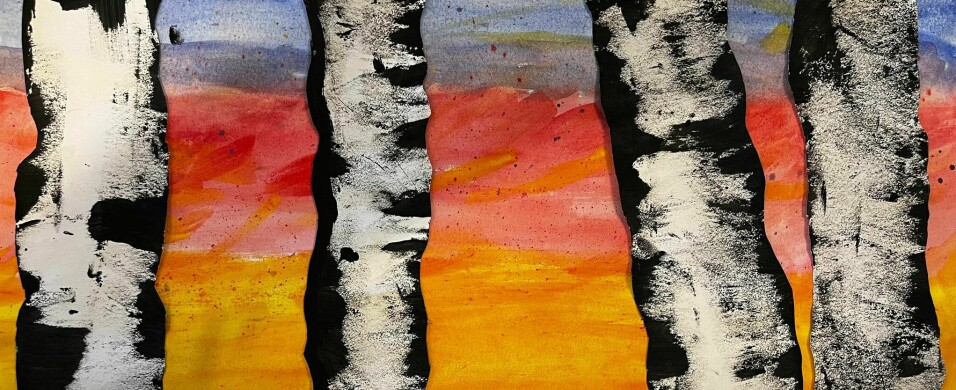 Nærbillede af birketræstammerne og baggrunden malet med akvarel