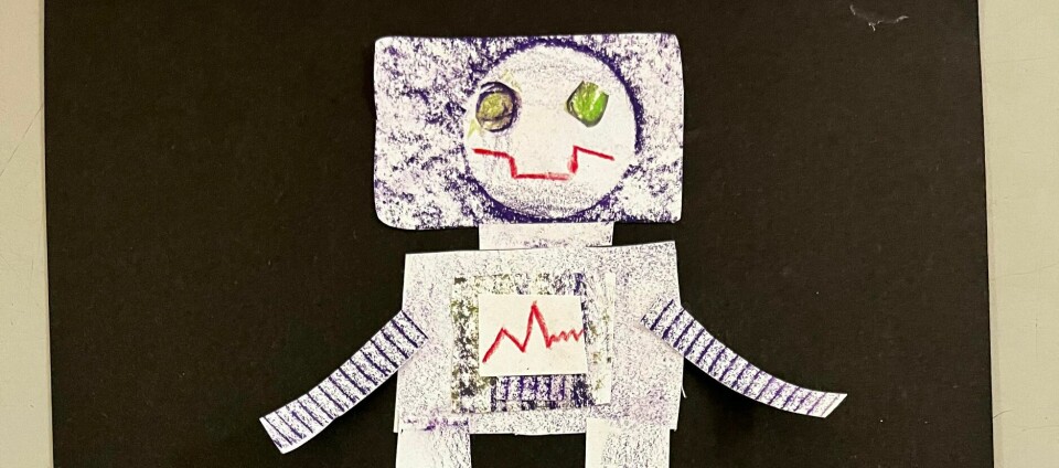 Frottage dele sættes sammen i en collage, og skaber en robot. Elev i 3.klasse.