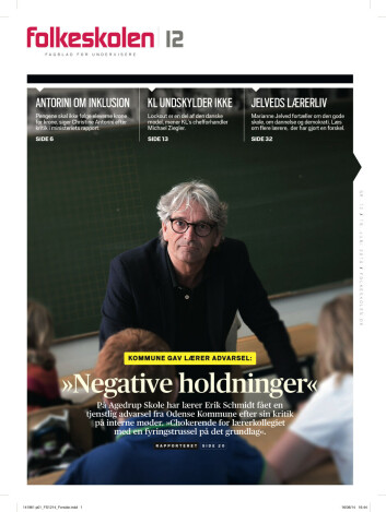 Folkeskolen nummer 12/2014, hvor vi fortalte om baggrunden for den kontroversielle sag med tjenstlig samtale, Erik Schmidts opsigelse og så en advarsel – i nævnte rækkefølge. Folkeskolen nummer 12/2014, hvor vi fortalte om baggrunden for den kontroversielle sag med tjenstlig samtale, Erik Schmidts opsigelse og så en advarsel – i nævnte rækkefølge.