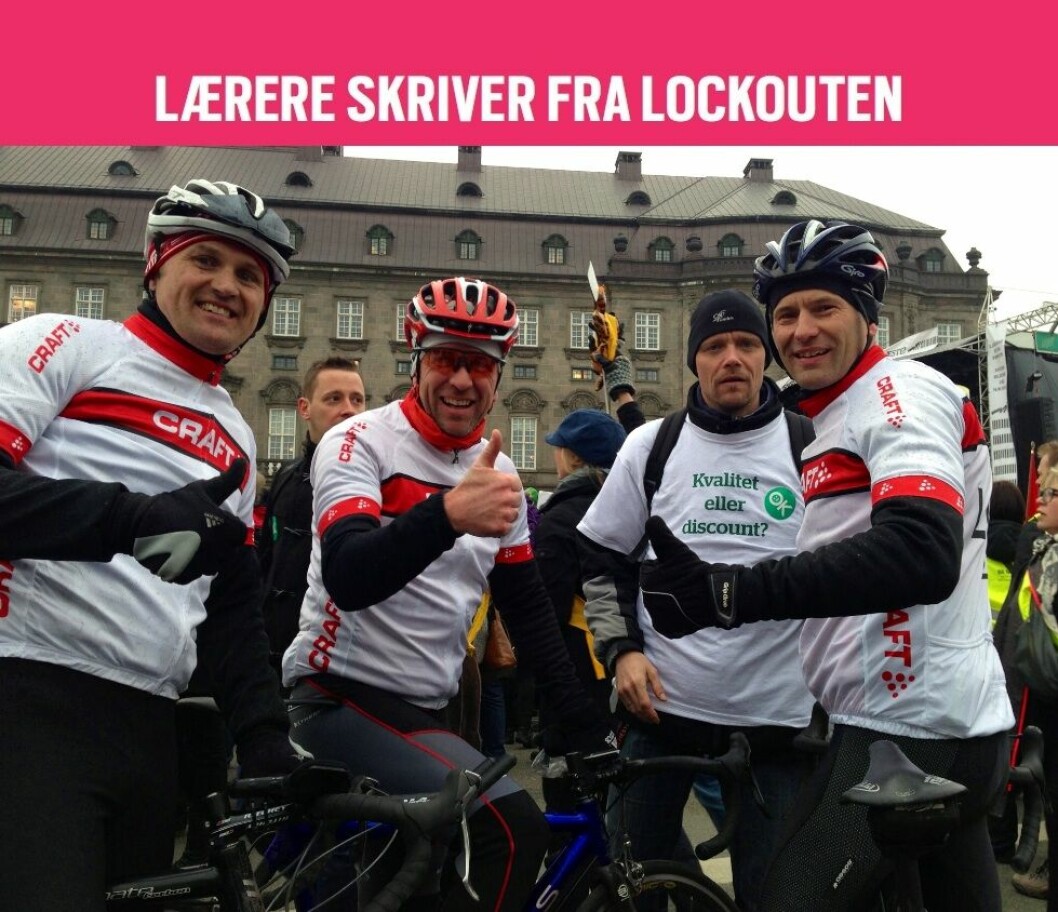 De tre lærere cyklede fra Aabenraa til København for at komme til stordemonstrationen torsdag. Fra venstre ses: Jens Gydesen, Arne Matthiesen og Andreas Refsgaard Petz