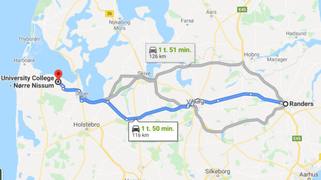 Så lang er rejsen mellem læreruddannelsen i Nørre Nissum og uddannelsesstationen i Randers. De fleste lærerstuderende i Randers vil skulle tage en del af uddannelsen i Nørre Nissum. Så lang er rejsen mellem læreruddannelsen i Nørre Nissum og uddannelsesstationen i Randers. De fleste lærerstuderende i Randers vil skulle tage en del af uddannelsen i Nørre Nissum.