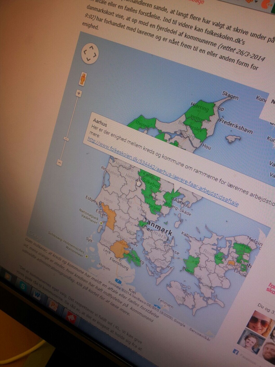 Folkeskolen.dk har lavet et interaktivt kort over, hvor kreds og kommuner er blevet enige om rammerne for lærernes arbejdstid. De grønne klatter indikerer, at kreds og kommune har meldt en aftale eller fælles forståelse ud, mens de orange er steder, hvor kredsen har haft indflydelse på kommunens udmeldte administrationsgrundlag. Klik på kortet i midten af denne artikel. Folkeskolen.dk har lavet et interaktivt kort over, hvor kreds og kommuner er blevet enige om rammerne for lærernes arbejdstid. De grønne klatter indikerer, at kreds og kommune har meldt en aftale eller fælles forståelse ud, mens de orange er steder, hvor kredsen har haft indflydelse på kommunens udmeldte administrationsgrundlag. Klik på kortet i midten af denne artikel.
