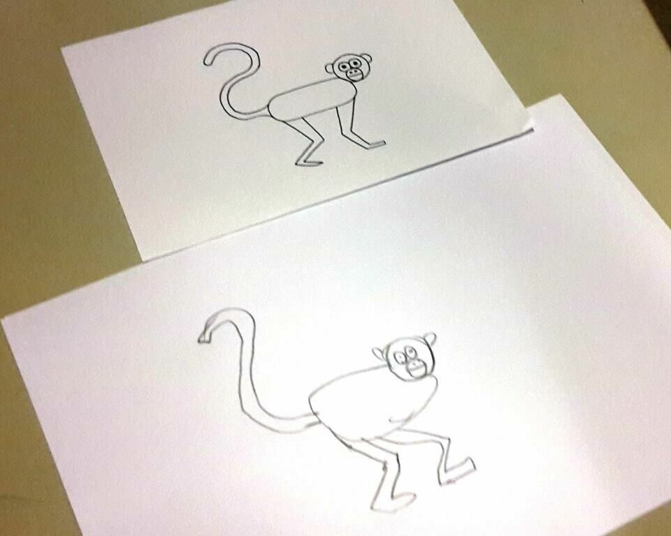 En abe forandrer sig, når man skal tegne den efter en anden tegning - lidt ligesom en mutation