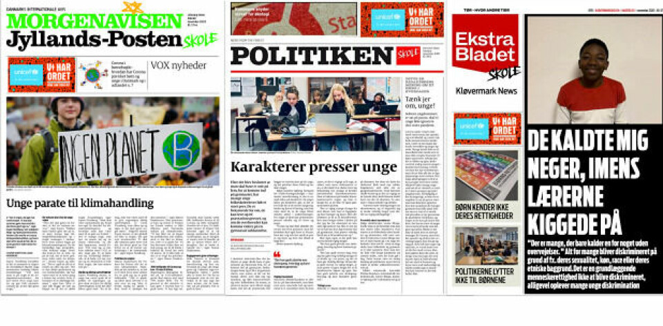 Tre af de vindende avisers forsider. Jyllandspostens udgave er udviklet af 8.a på Lillevang Skole, Politiken er lavet af 7.c på Hareskov Skole, mens versionen af Ekstra Bladet er kreeret af 8.tb på Kløvermarkskolen.