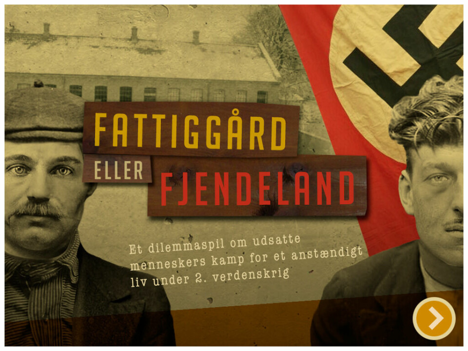 Frontside til demo-udgave af det digitale dilemmaspil 'Fattiggård eller Fjendeland, der udkommer 1. december.